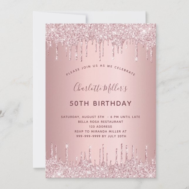 Birthday pink glitter drips dusty rose luxury invitation (Front)