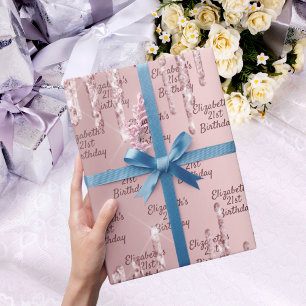 Birthday pink glitter drips dusty rose monogram wrapping paper