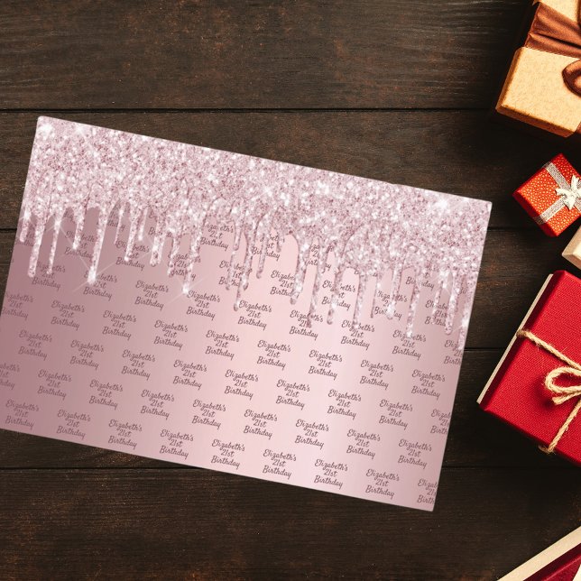 Birthday pink glitter drips dusty rose monogram wrapping paper sheet (Creator Uploaded)
