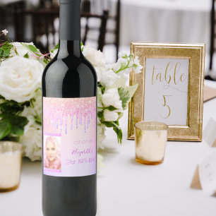 Birthday pink glitter drips holographic photo wine label