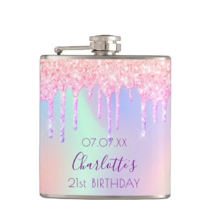 Birthday pink glitter drips name holographic hip flask