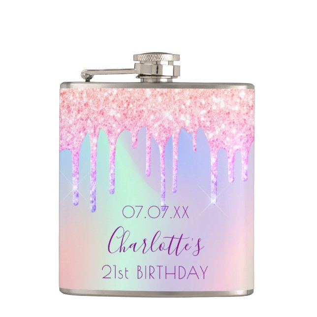 Birthday pink glitter drips name holographic hip flask (Front)