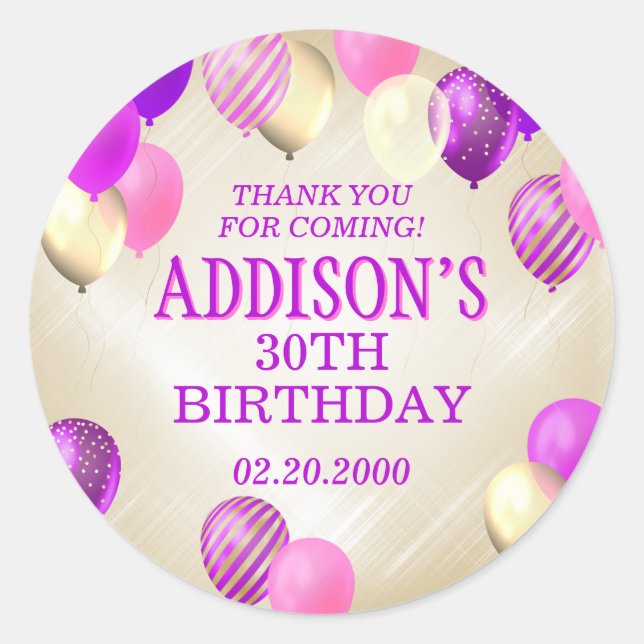 Birthday Pink Gold Balloons Classic Round Sticker (Front)