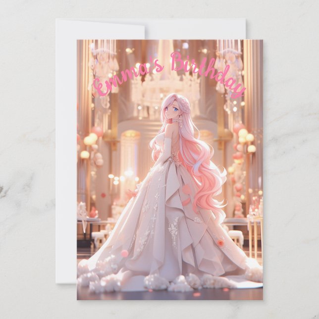 Birthday Pink hair princess in a white ballgown Invitation (Front)