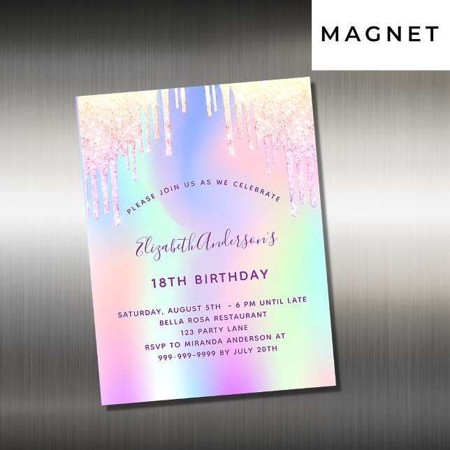 Birthday pink holographic invitation magnet (Creator Uploaded)