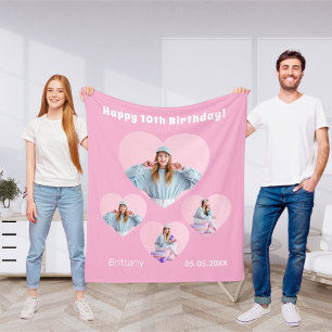 Birthday pink name age photo heart collage girl fleece blanket