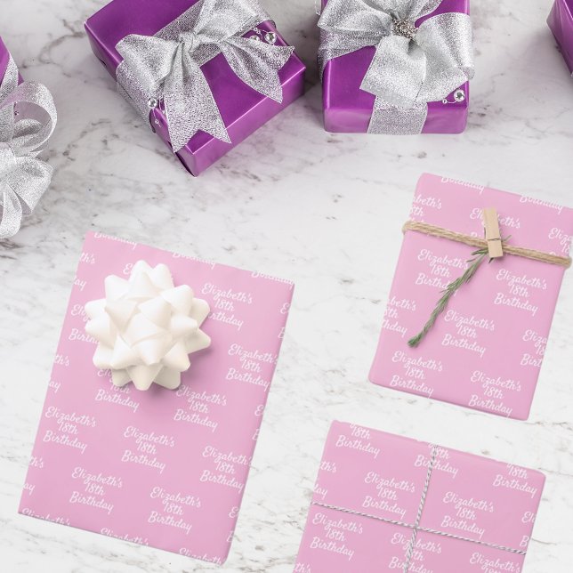Birthday pink pastel white name girl wrapping paper sheet (Creator Uploaded)