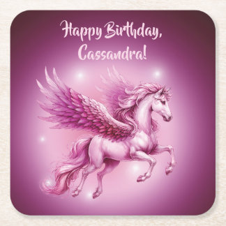 Birthday Pink Pegasus Fantasy Design Square Paper Coaster