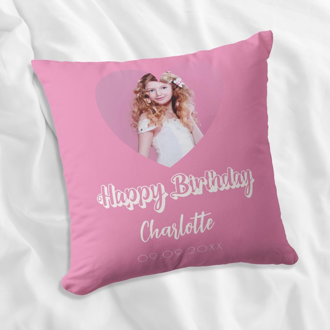 Birthday pink photo heart name script girl cushion (Creator Uploaded)