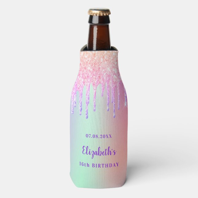 Birthday pink purple drip holographic bottle cooler (Bottle Front)