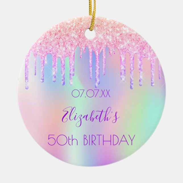 Birthday pink purple drips holographic ceramic ornament (Front)