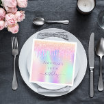 Birthday pink purple drips holographic name napkin<br><div class="desc">A girly trendy iridescent background with pastel colours in pink,  purple,  mint green. Decorated with drips in pink,  purple.  Personalise and add a name and age.  The word birthday is written with a modern hand lettered style script.</div>