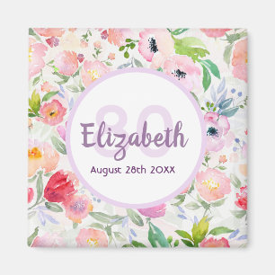 Birthday pink purple florals monogram magnet