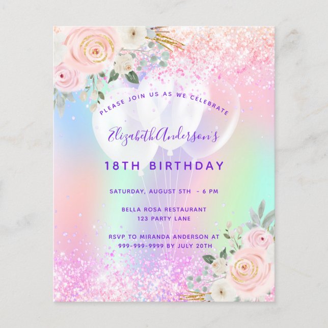 Birthday pink purple glitter balloons invitation (Front)