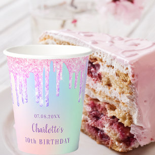 Birthday pink purple glitter drips rainbow name paper cups
