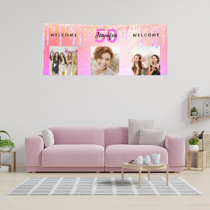 Birthday pink purple glitter drips welcome banner