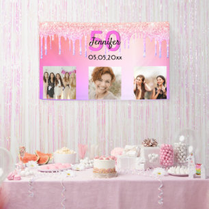 Birthday pink purple glitter drips welcome photo banner