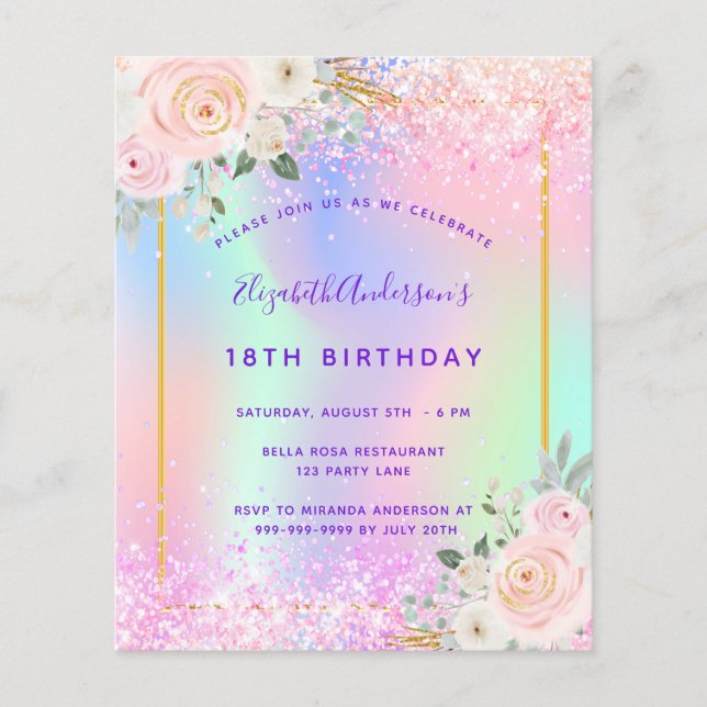 Birthday pink purple glitter floral invitation flyer (Front)