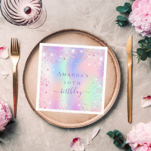 Birthday pink purple glitter holographic name napkin