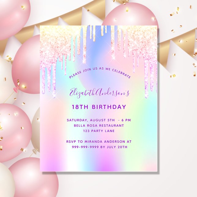 Birthday pink purple holographic budget invitation flyer (Creator Uploaded)