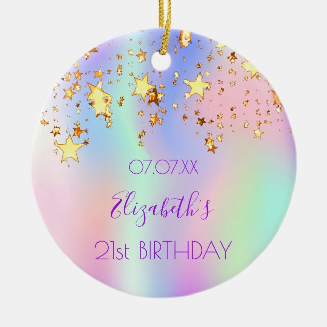 Birthday pink purple holographic gold stars ceramic ornament (Front)