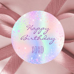Birthday pink purple holographic hugs kisses  classic round sticker<br><div class="desc">A holographic background in pink,  purple,   and mint green. Decorated with faux sparkles. With the text: Happy Birthday xoxo. (hugs and kisses)</div>