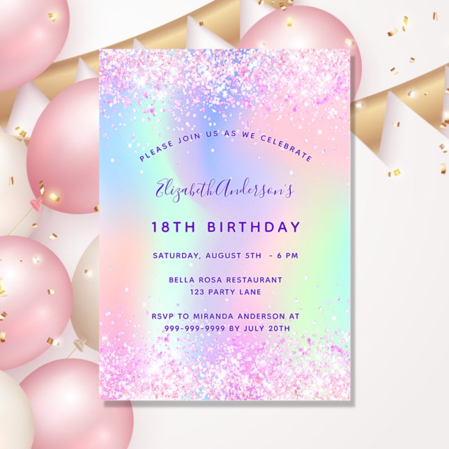 Birthday pink purple holographic invitation (Creator Uploaded)