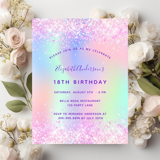 Birthday pink purple holographic invitation postcard (Creator Uploaded)