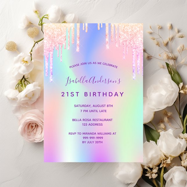 Birthday pink purple holographic party girl invitation (Creator Uploaded)
