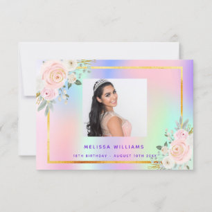 Birthday pink purple photo florals holographic thank you card