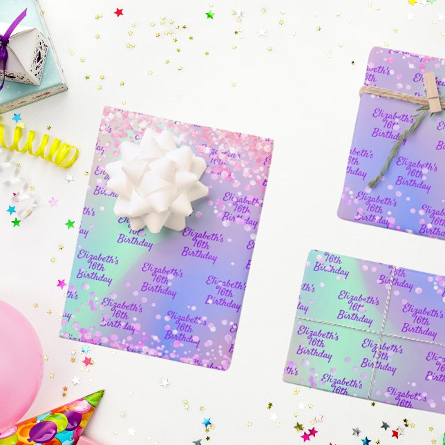Birthday pink purple rainbow glitter monogram wrapping paper sheet (Creator Uploaded)