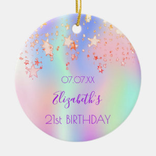 Birthday pink purple stars holographic name ceramic ornament
