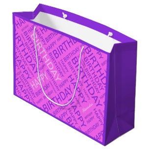 Birthday pink purple typographic personalised large gift bag