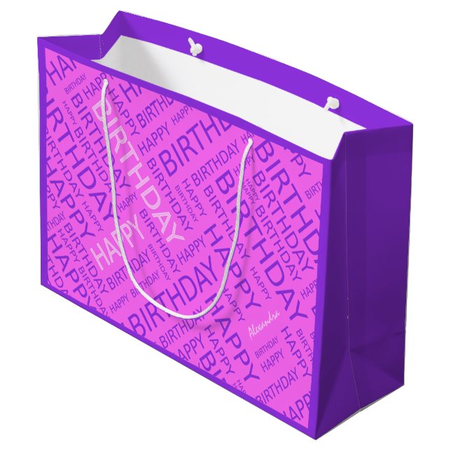 Birthday pink purple typographic personalised large gift bag (Back Angled)