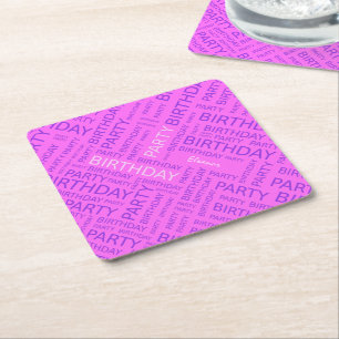 Birthday pink purple typography add name square paper coaster