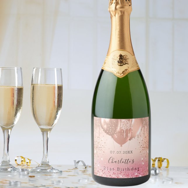 Birthday pink rose gold glitter balloons fun sparkling wine label (Creator Uploaded)