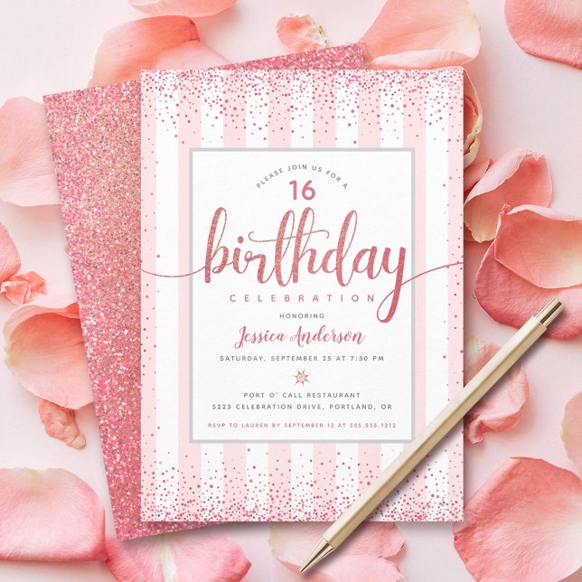 Birthday pink rose gold glitter script custom year invitation (Creator Uploaded)