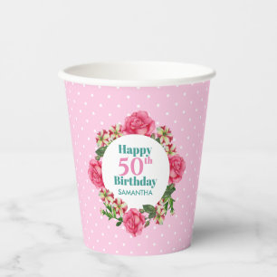 Birthday Pink Rose Red White Petunia Polka Dots Paper Cups