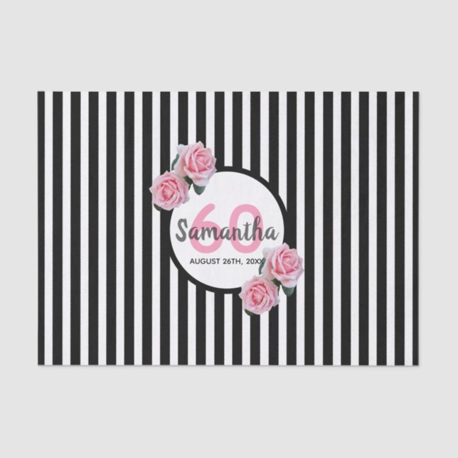 Birthday pink roses black white stripes name tissue paper (Front)