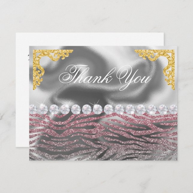Birthday Pink Silver Zebra Print Glitter Thank You (Front/Back)