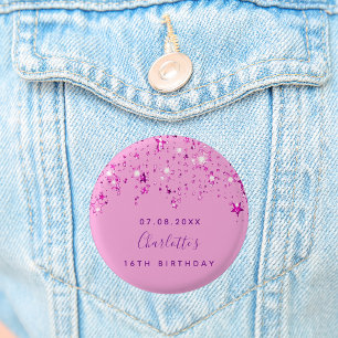 Birthday pink sparkle custom monogram 3 cm round badge