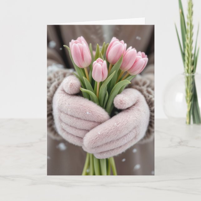 Birthday Pink Tulips With Snowflakes Card (Front)