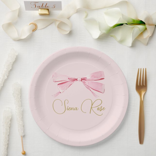 Birthday Pink Watercolor Bow Cute  Paper Plate (Wedding)