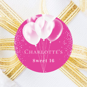 Birthday pink white balloons girl classic round sticker