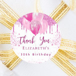 Birthday pink white balloons girl thank you classic round sticker<br><div class="desc">A white background. Decorated with pink faux glitter drips,  paint dripping look, glitter and pastel pink and hot pink balloons.  Personalise and add a name and age.</div>