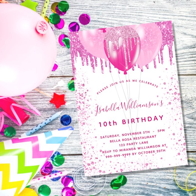 Birthday pink white glitter girl balloons party invitation (Creator Uploaded)