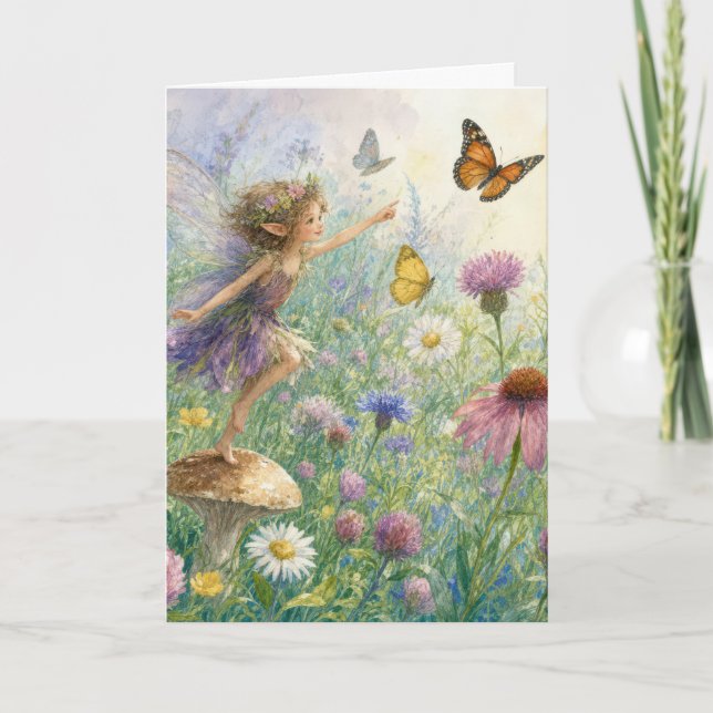 Birthday Pixie with Butterflies in a Gardrn Card (Front)