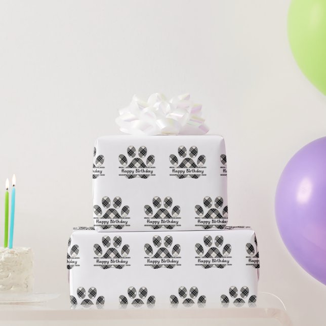 Birthday Plaid Paw Print On White Wrapping Paper (Party Gifts)