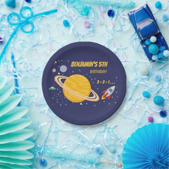 Birthday Planets & Rocket Ship in Outer Space Paper Plate (Party)