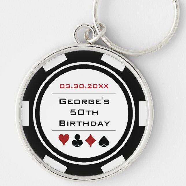 Birthday Poker Chip Casino Theme Black White Key Ring (Front)